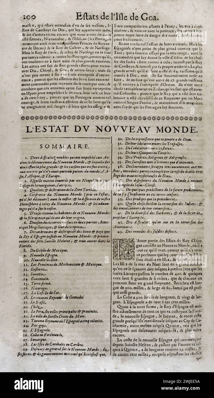 "Les Estats, Empires, Royaumes et Principautez du Monde" (die Staaten, Reiche, Königreiche und Fürstentümer der Welt), von D. T. V. Y. (Pierre d'Avity, 1573-1635). Der Zustand der Neuen Welt, Zusammenfassung. Ausgabe gedruckt in Genf von Samuel Chouët, 1665. Stockfoto "Les Estats, Empires, Royaumes et Principautez du Monde" (die Staaten, Reiche, Königreiche und Fürstentümer der Welt), von D. T. V. Y. (Pierre d'Avity, 1573-1635). Der Zustand der Neuen Welt, Zusammenfassung. Ausgabe gedruckt in Genf von Samuel Chouët, 1665. Stockfoto