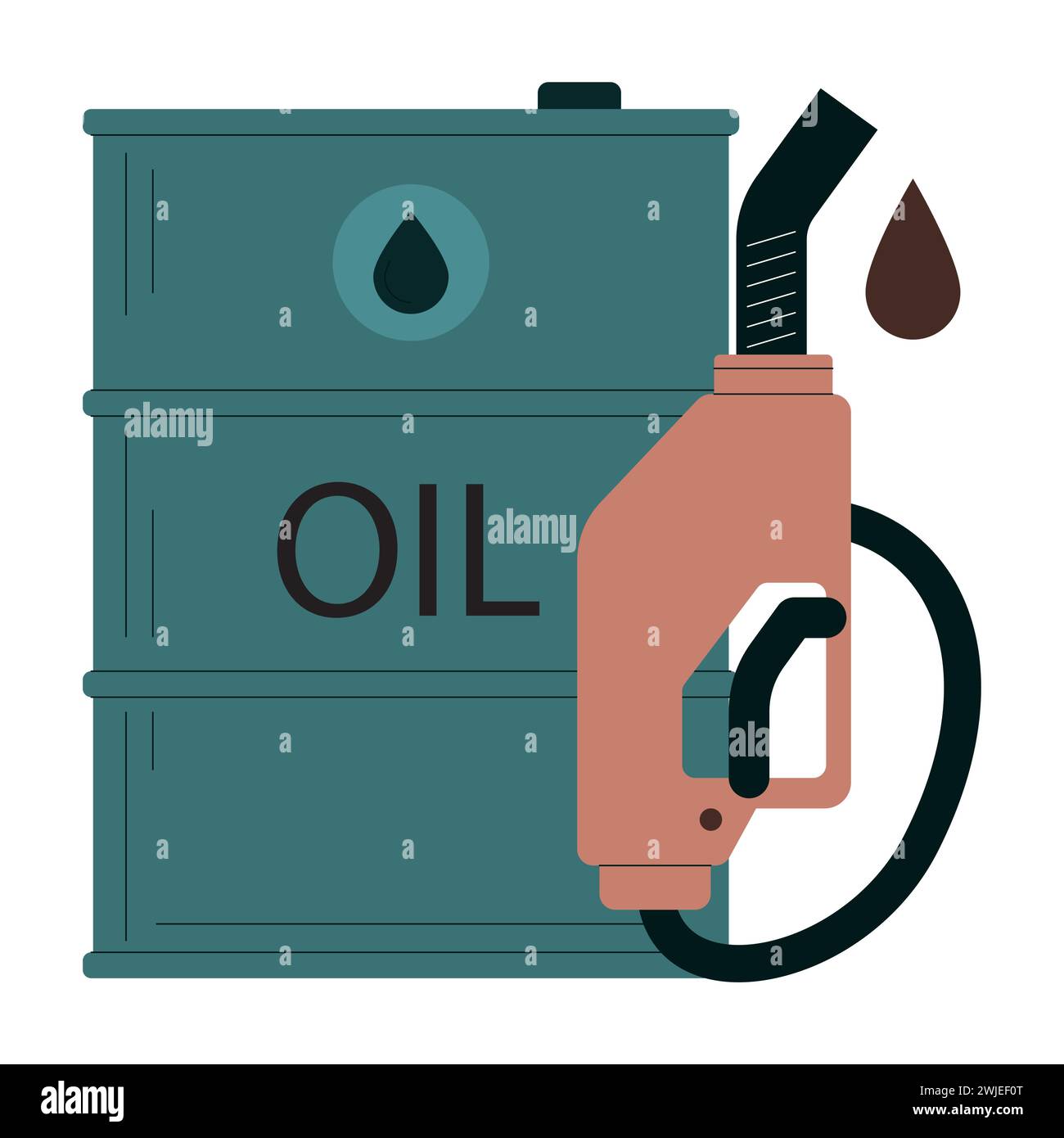 Fossile Brennstoffe. Ölindustrie, Gewinnung fossiler Ressourcen. Kraftstoffspender mit Tropfdüse gegen ein großes Ölfass. Illustration des flachen Vektors Stock Vektor