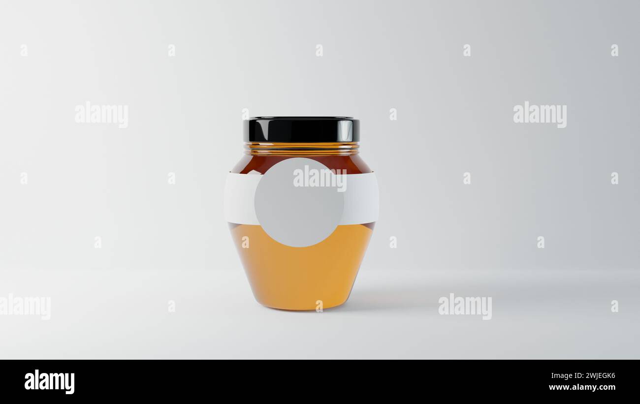7 Honig im Glas, isoliert auf weißem Hintergrund mit schwarzem Etikett. 3D-Darstellung. Stockfoto