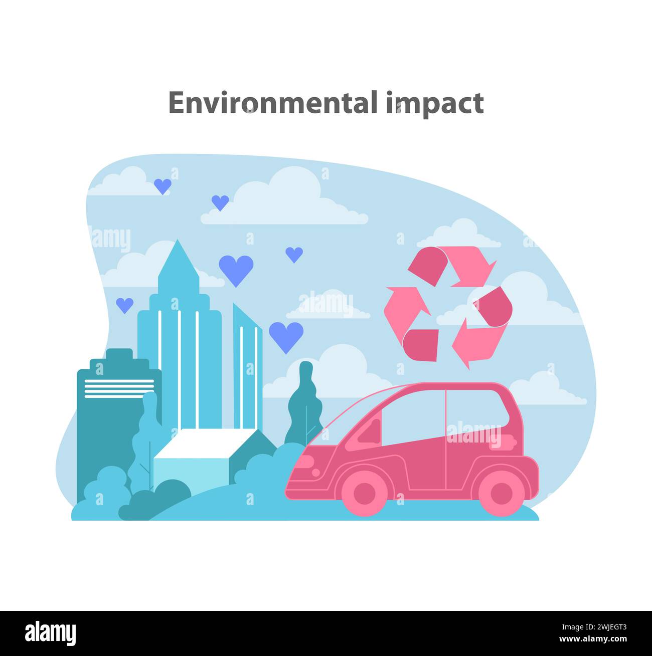 Der umweltfreundlichere Fußabdruck von Elektroautos. Darstellung der positiven Umweltauswirkungen durch städtisches Recycling und Emissionsminderung. Illustration des flachen Vektors. Stock Vektor