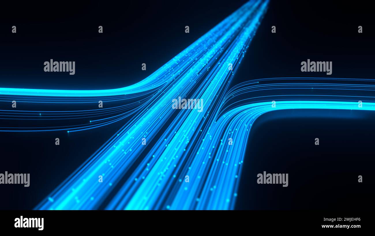 Big-Data-Kommunikation und KI-Technologiekonzept. Abbildung: Hochgeschwindigkeits-Internetverbindung, optische Fasern, digitale Signale, neuronales Netzwerk, A Stockfoto
