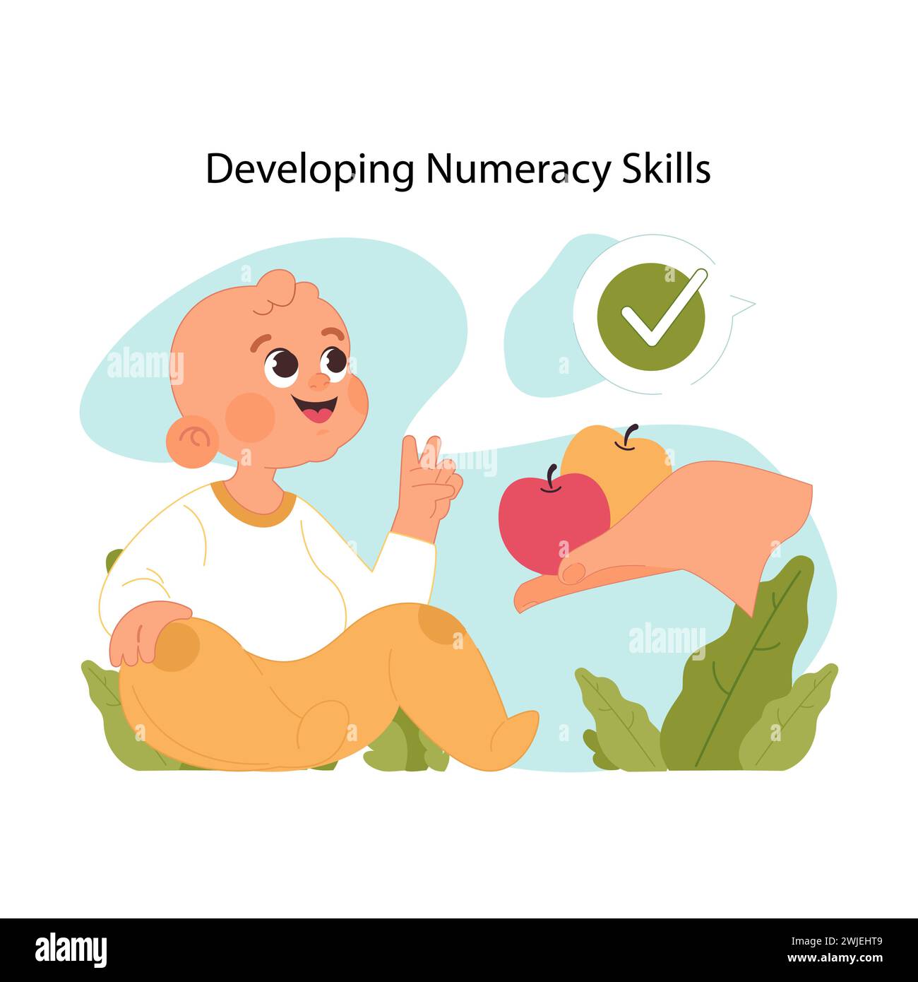 Kleinkind mit großem Lächeln lernt mit bunten Äpfeln zu zählen. Frühphasen der Entwicklung von Rechenkenntnissen. Eltern unterstützen Kleinkinder in der Erziehung und Entdeckung der Welt. Illustration des flachen Vektors Stock Vektor