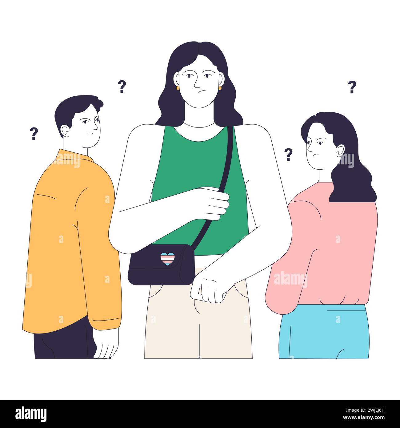 Negativseite des Geschlechterübergangs. Eine verärgerte Person, die von den umliegenden Menschen streng vernachlässigt wird. Transsexuelle mit Transphobie und Isolation. Illustration des flachen Vektors. Stock Vektor