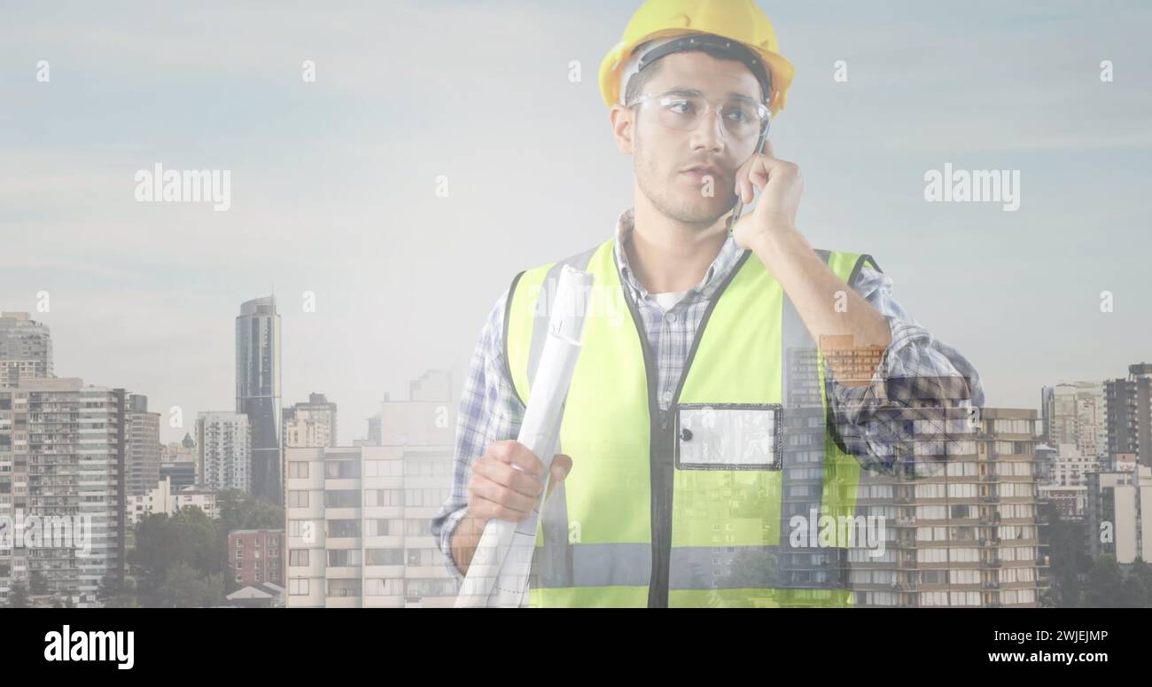 Bild des Stadtbildes über kaukasischen Arbeitern Stockfoto