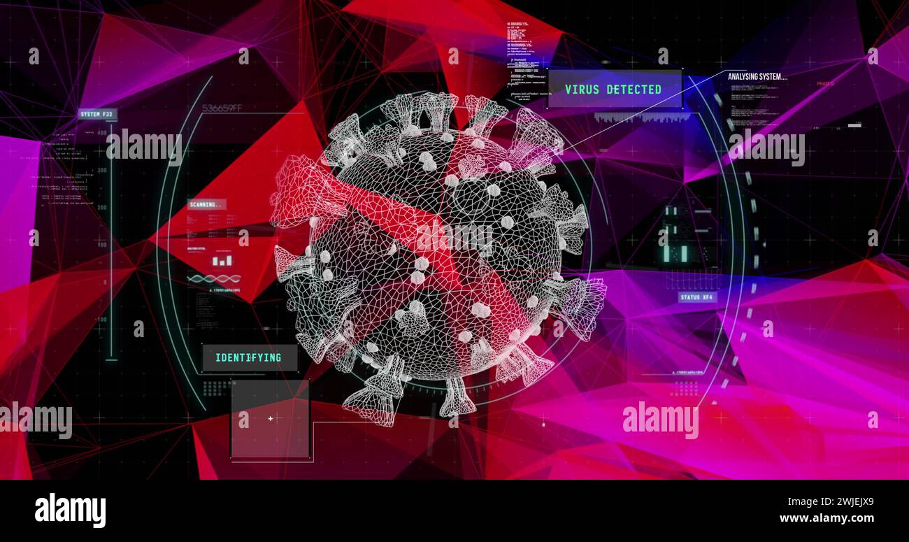 Bild der digitalen Schnittstelle mit COVID 19-Zelle, Scope-Scan und Datenverarbeitung Stockfoto