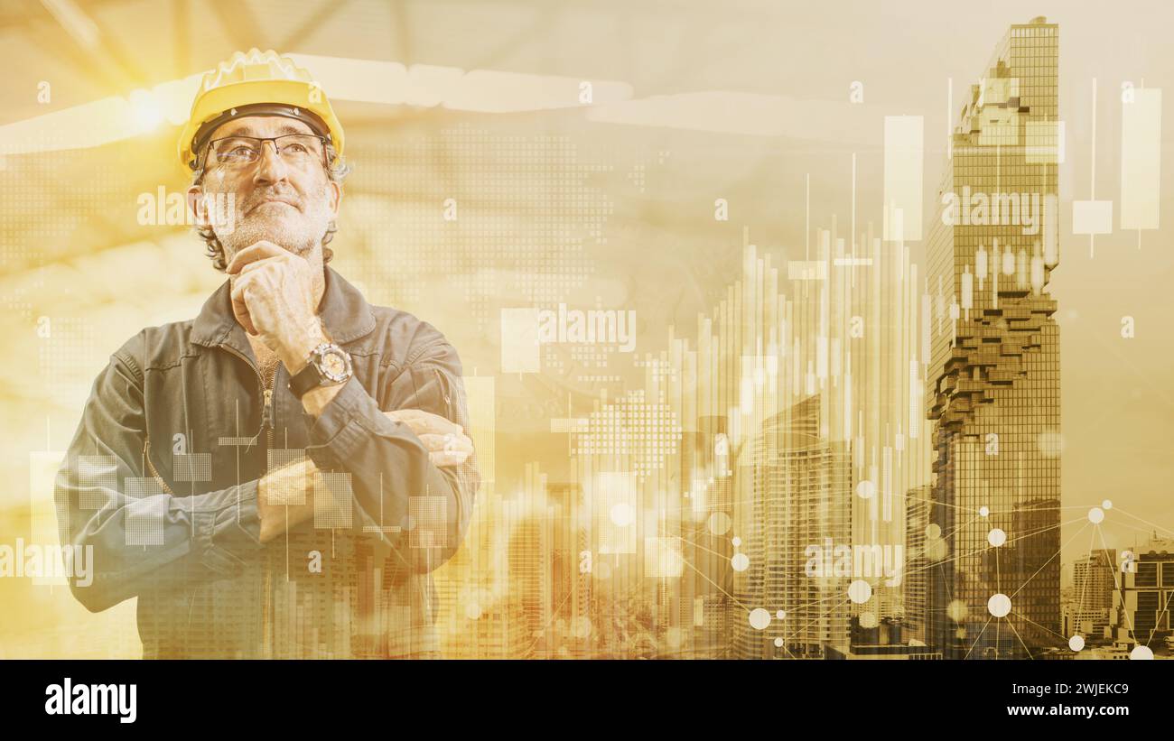 Professionelle Ingenieure, Senior männliche Denkweise, überlagern modernes Bürogebäude mit Stadtblick für bürgerliche Unternehmen, zivile Managemententwicklungsprojekte Stockfoto