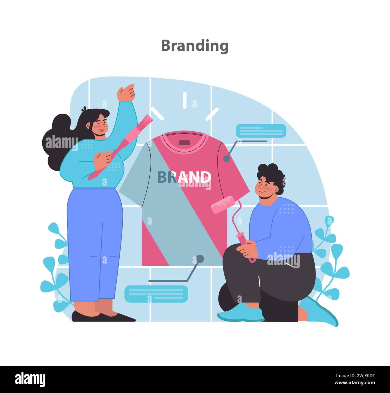 Branding-Konzept. Design einer visuellen Identität für Unternehmensbekleidung. Pinselstriche prägen die Markenwahrnehmung. Illustration des flachen Vektors. Stock Vektor