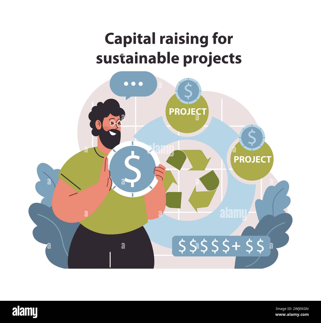 Kapitalbeschaffung für grüne Projekte. Investitionen in Recycling und erneuerbare Ressourcen. Finanzielle Unterstützung der Nachhaltigkeit. Illustration des flachen Vektors. Stock Vektor