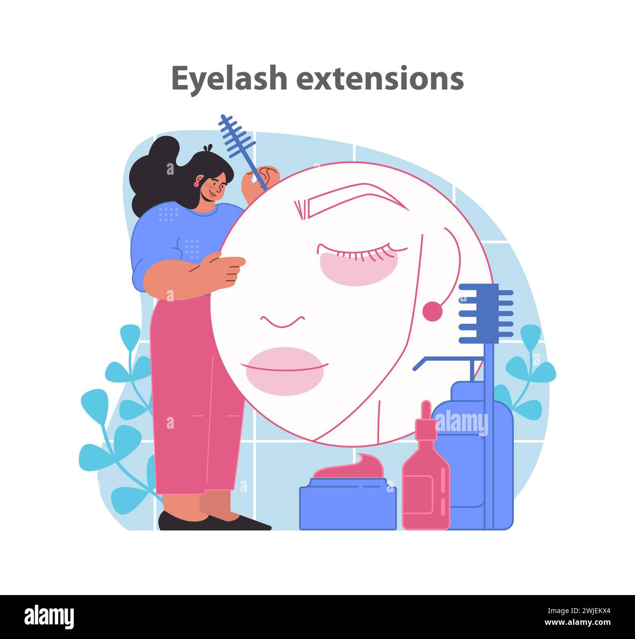 Wimpernverlängerung Service. Eine lächelnde Kosmetikerin verleiht einem entspannten Kunden langanhaltende Wimpern für einen voluminösen Look. Illustration des flachen Vektors. Stock Vektor