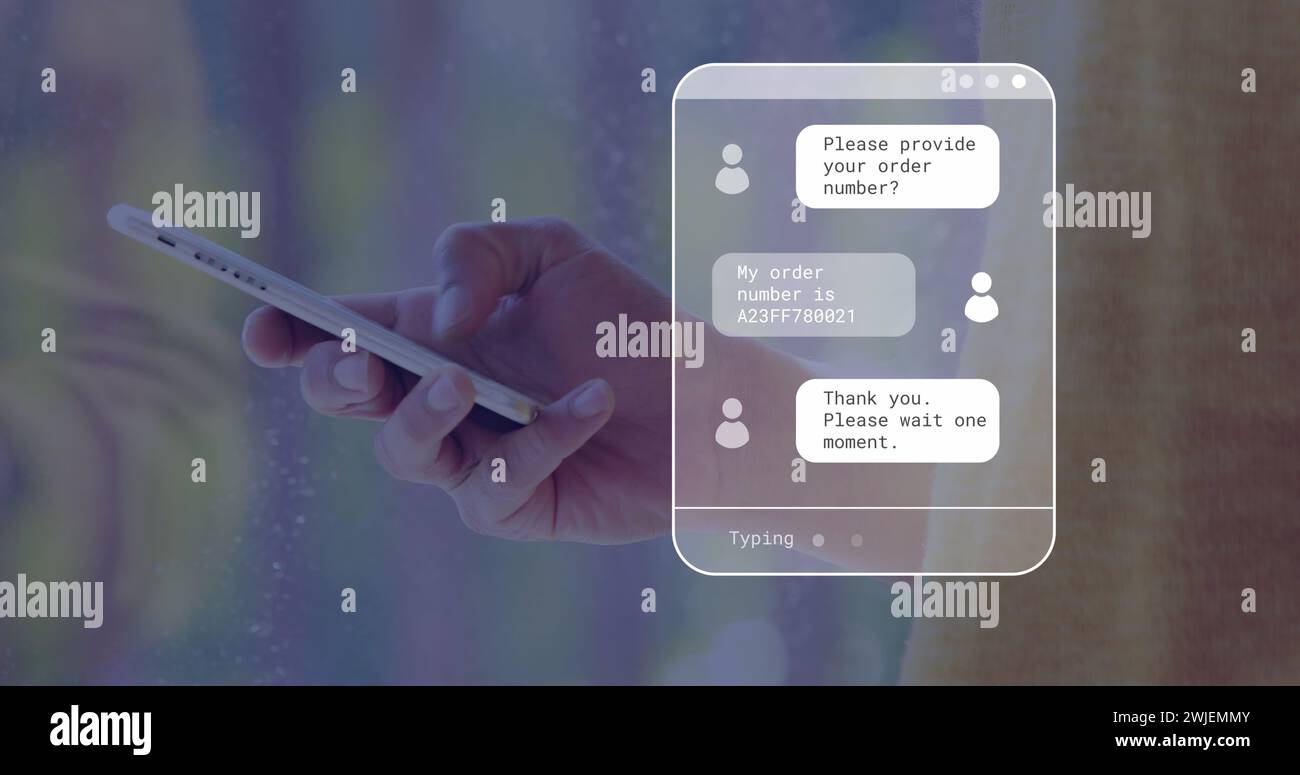 Bild der digitalen Schnittstelle mit Nachrichten über die Hand eines kaukasiers mit Smartphone Stockfoto
