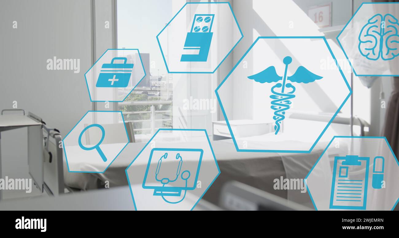 Bild von Hexagonen mit medizinischen Ikonen über dem Krankenhauszimmer Stockfoto