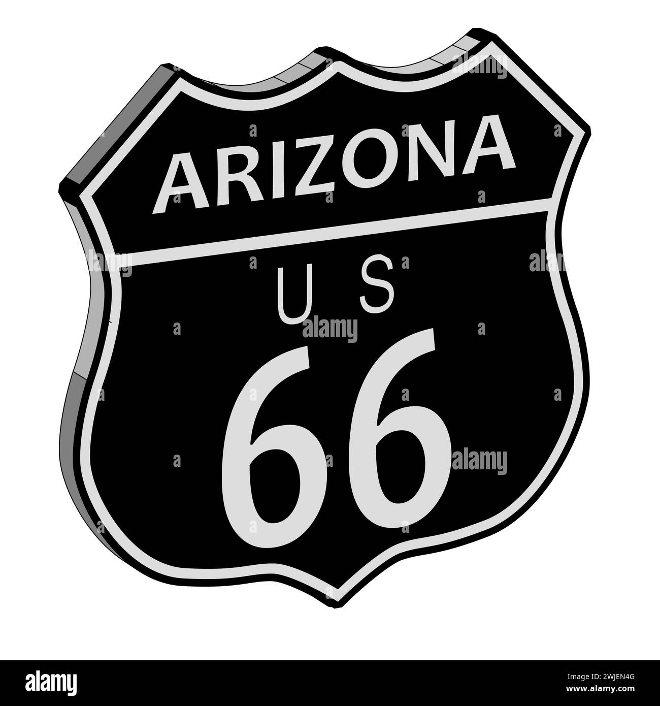 Route 66 Verkehrszeichen über einen weißen Hintergrund und dem Staat Arizona zu nennen Stockfoto