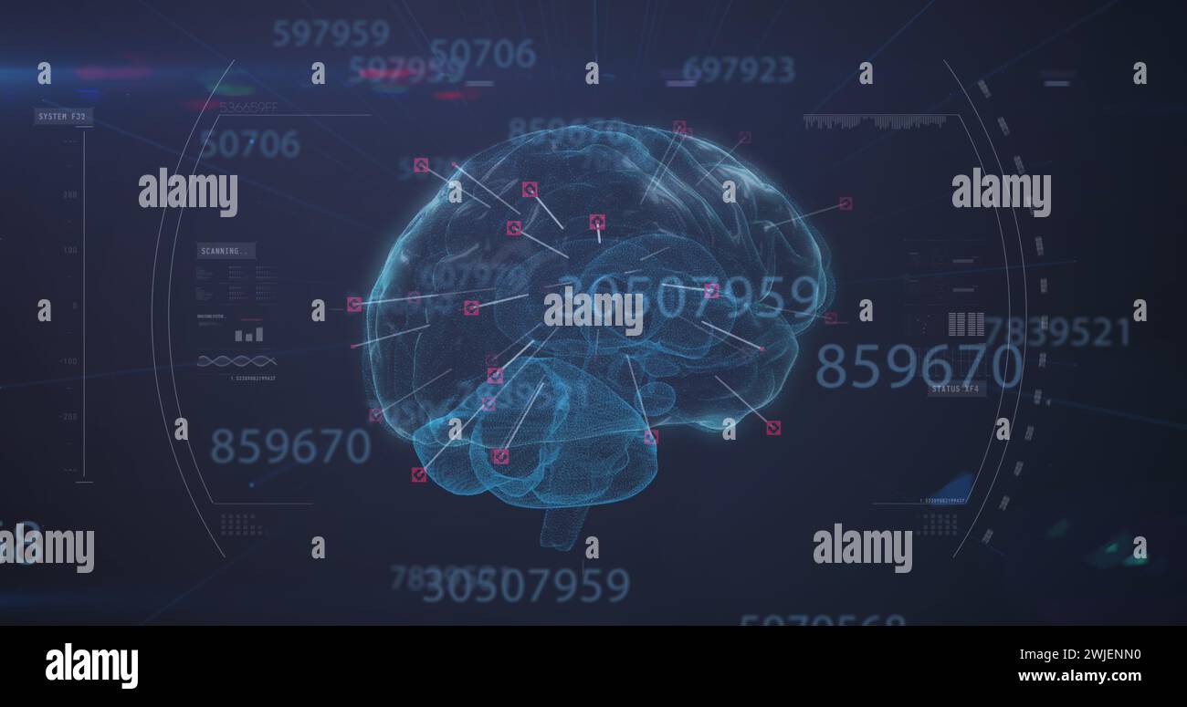 Mehrere steigende Zahlen über sich drehendes menschliches Gehirn vor blauem Hintergrund Stockfoto