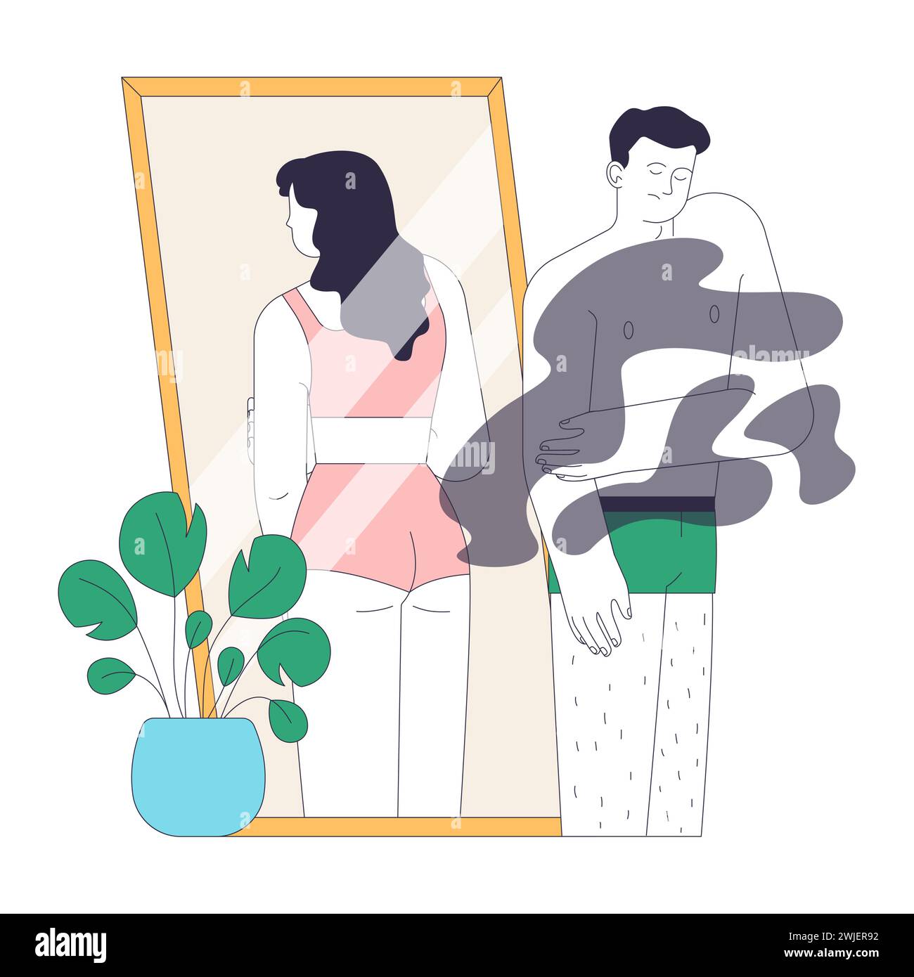 Geschlechterübergang. Geschlechtsdysphorie. Transsexuelle, die am Spiegel steht und eine wahre Geschlechtsidentität widerspiegelt. Illustration des flachen Vektors Stock Vektor