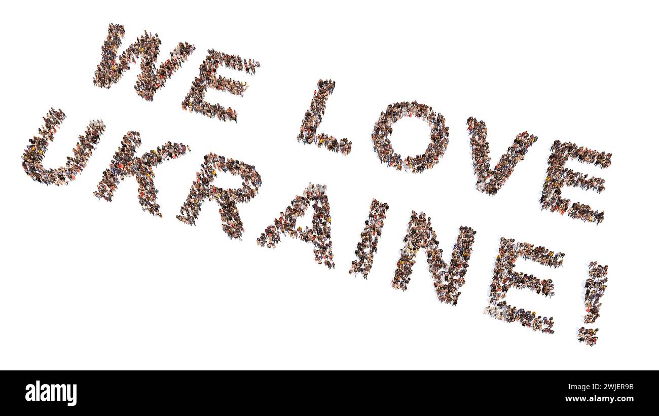 Konzept oder konzeptionelle große Gemeinschaft von Menschen, die DIE Botschaft „WIR LIEBEN DIE UKRAINE“ formulieren. 3D-Illustration Metapher für Patriotismus, Land, Kultur, Geschichte Stockfoto