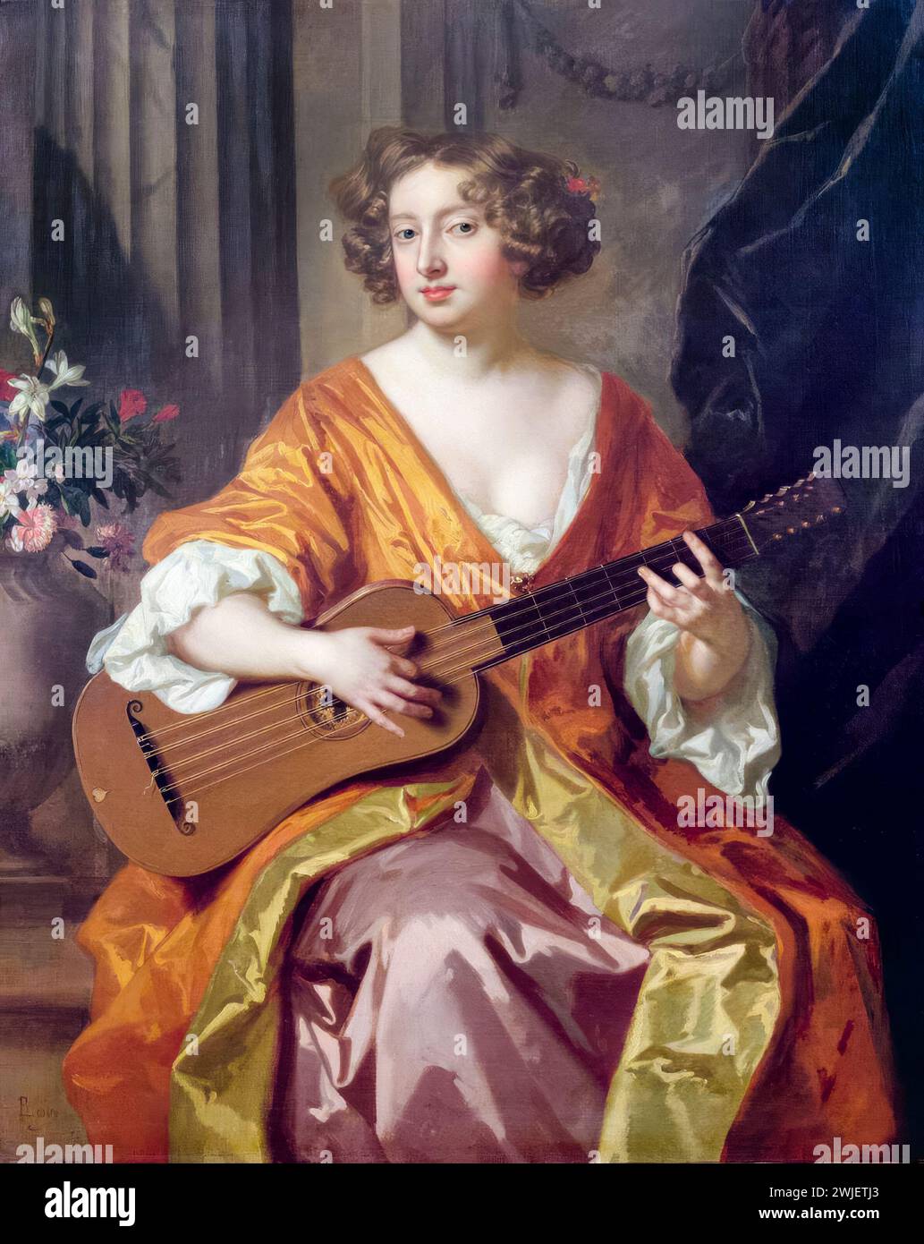 Mary „Moll“ Davis (ca. 1648–1708), Schauspielerin, Entertainerin und Geliebte von König Karl II. Von England, Gitarre, Porträtmalerei in Öl auf Leinwand von Sir Peter Lely, 1650-1680 Stockfoto