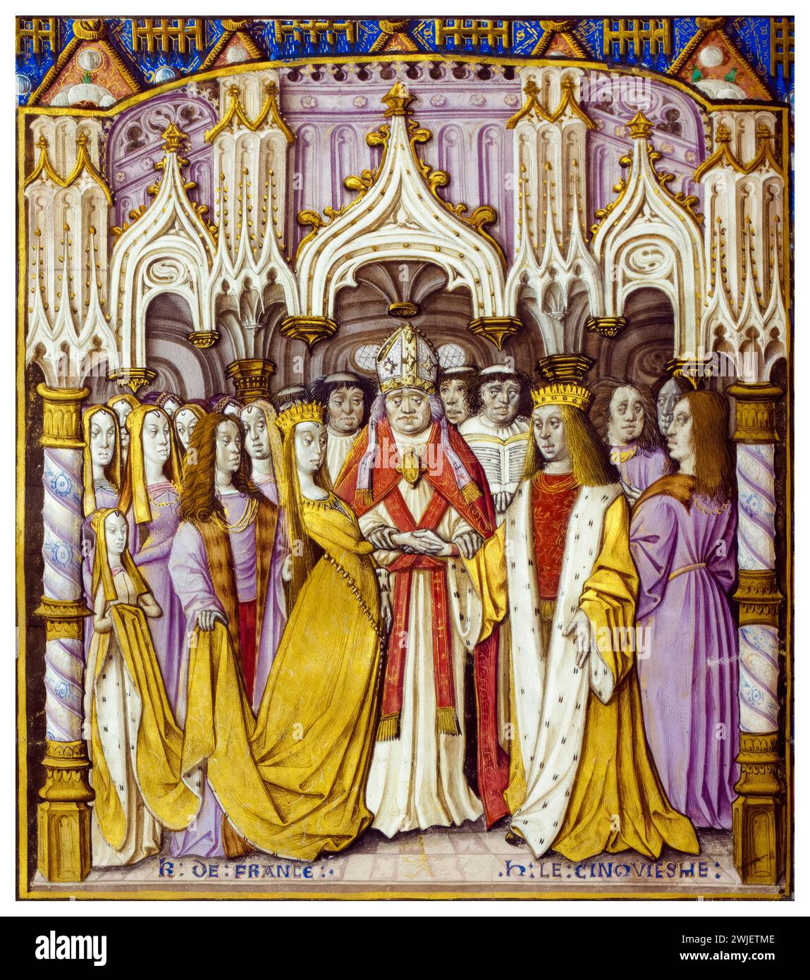 Hochzeit und Hochzeit von Heinrich V. von England (1386–1422) mit Katharina von Valois (1401–1437), illustrierte Handschrift vor 1494 Stockfoto