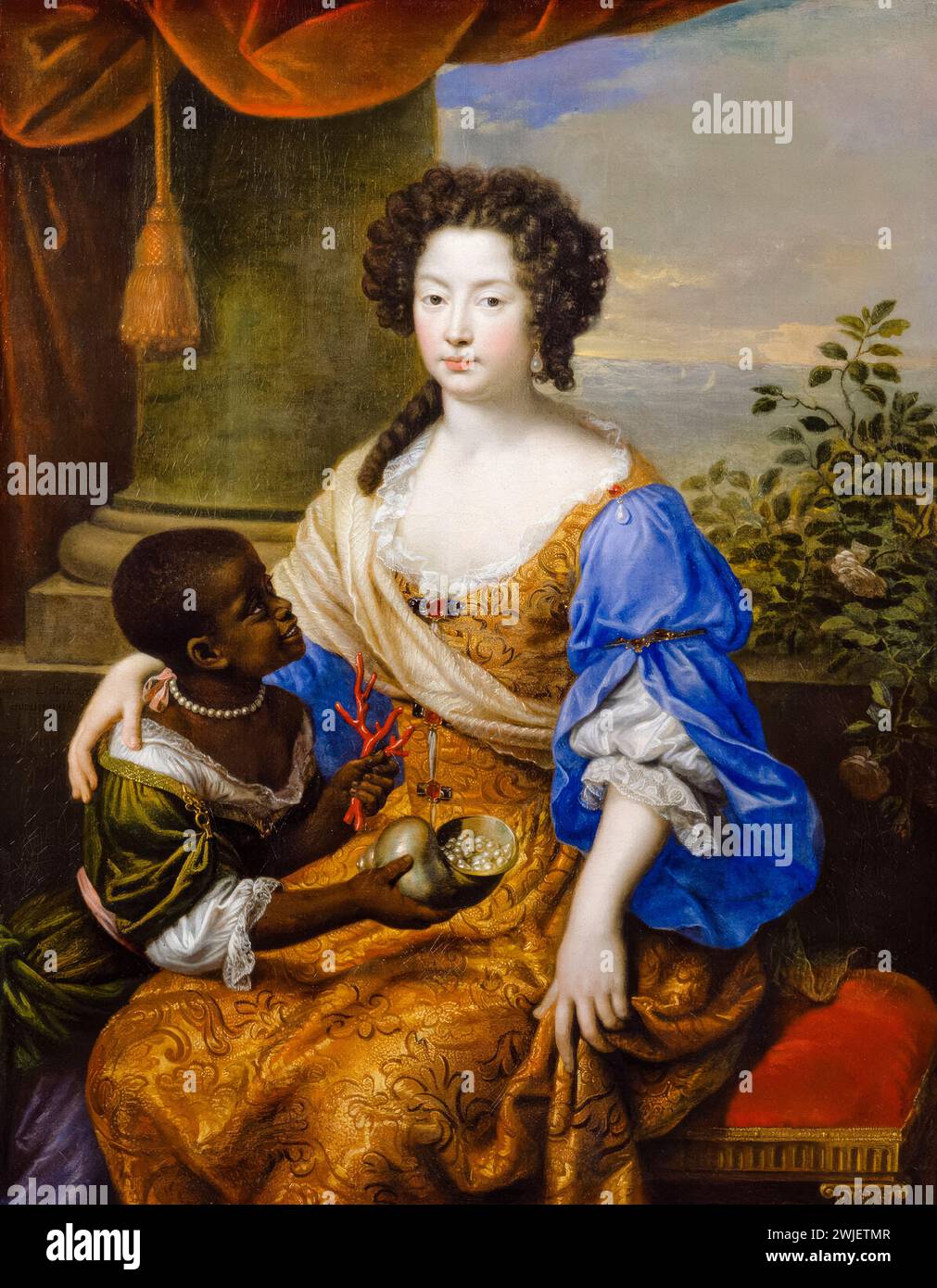 Louise de Kéroualle, Herzogin von Portsmouth (1649–1734), Geliebte von König Karl II. Von England mit weiblicher Dienerin, Porträtgemälde in Öl auf Leinwand von Pierre Mignard, 1682 Stockfoto