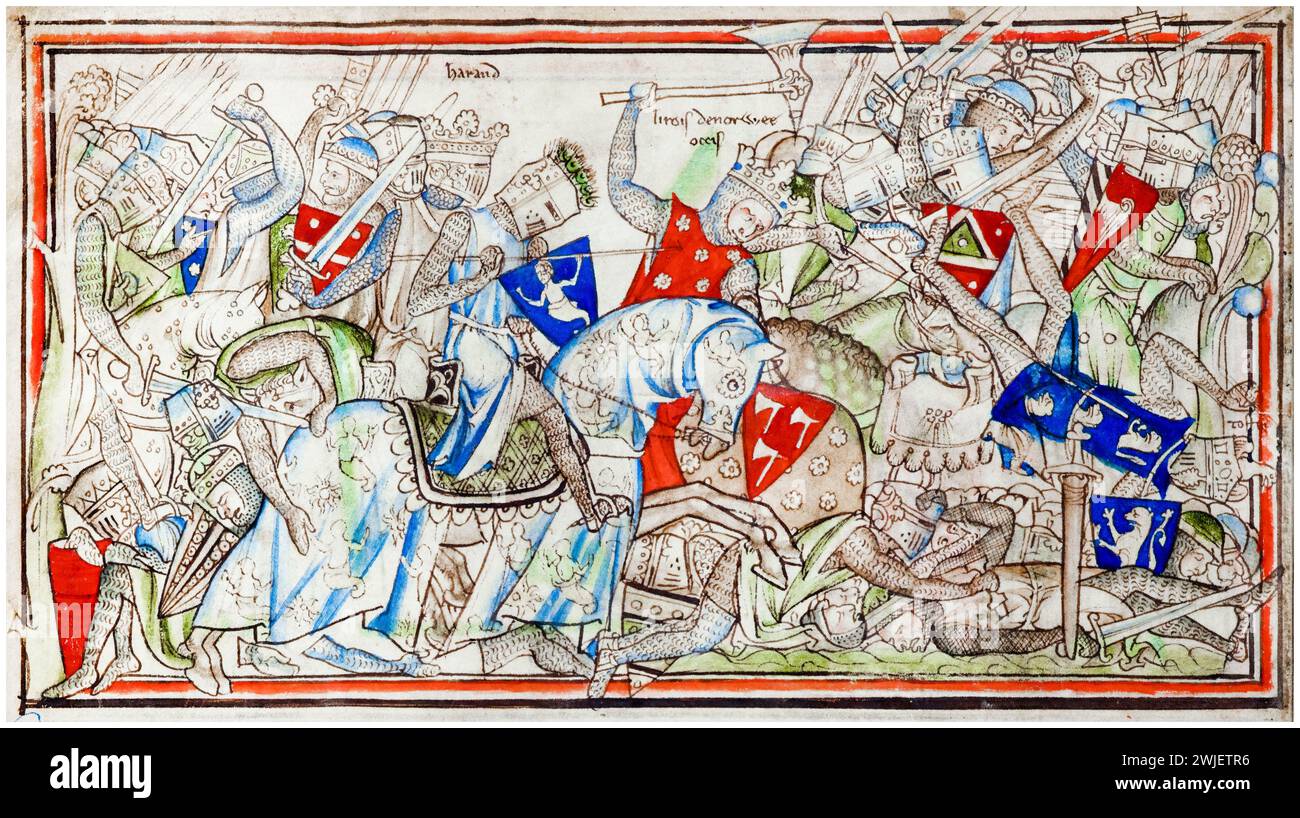 Die Schlacht an der Stamford Bridge (25. September 1066) fand zwischen einer englischen Armee unter König Harold Godwinson (um 1022–1066) und einer norwegischen Invasion unter König Harald Hardrada (um 1015–1066) und dem Bruder des englischen Königs Tostig Godwinson (um 1029–1066) statt, illustriertes Manuskriptbild, 1250-1259 Stockfoto