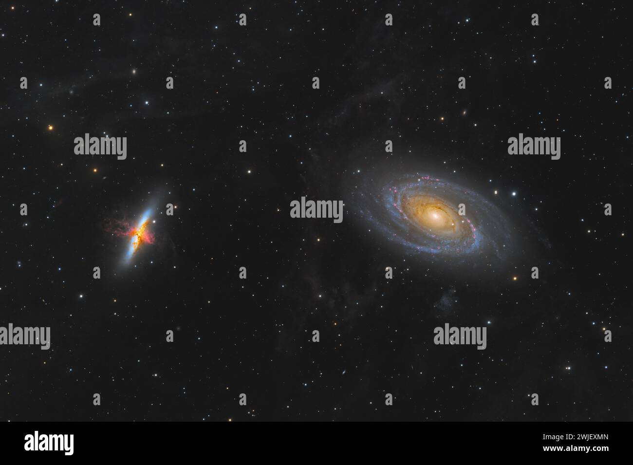 Messier 81 (Bodes Galaxie, NGC 3031) und Messier 82 (die Zigarre Galaxie, NGC 3034) im Sternbild Ursa Major Stockfoto