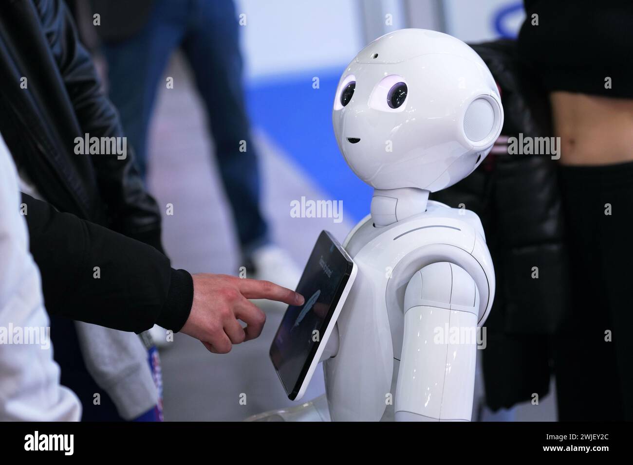 Turin, Italien - 14. Februar 2024: Pepper, ein Roboterassistent mit Informationsbildschirm, begrüßt Besucher an einem Stand der Künstlichen Intelligenz fo Stockfoto