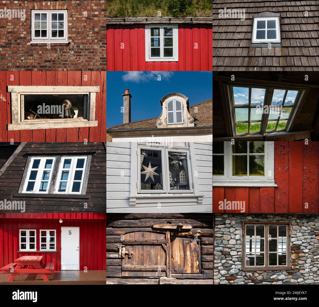 Zusammengesetztes Bild von Fenstern, die während einer Reise durch Norwegen, Frankreich und Dänemark gefunden wurden. Stockfoto