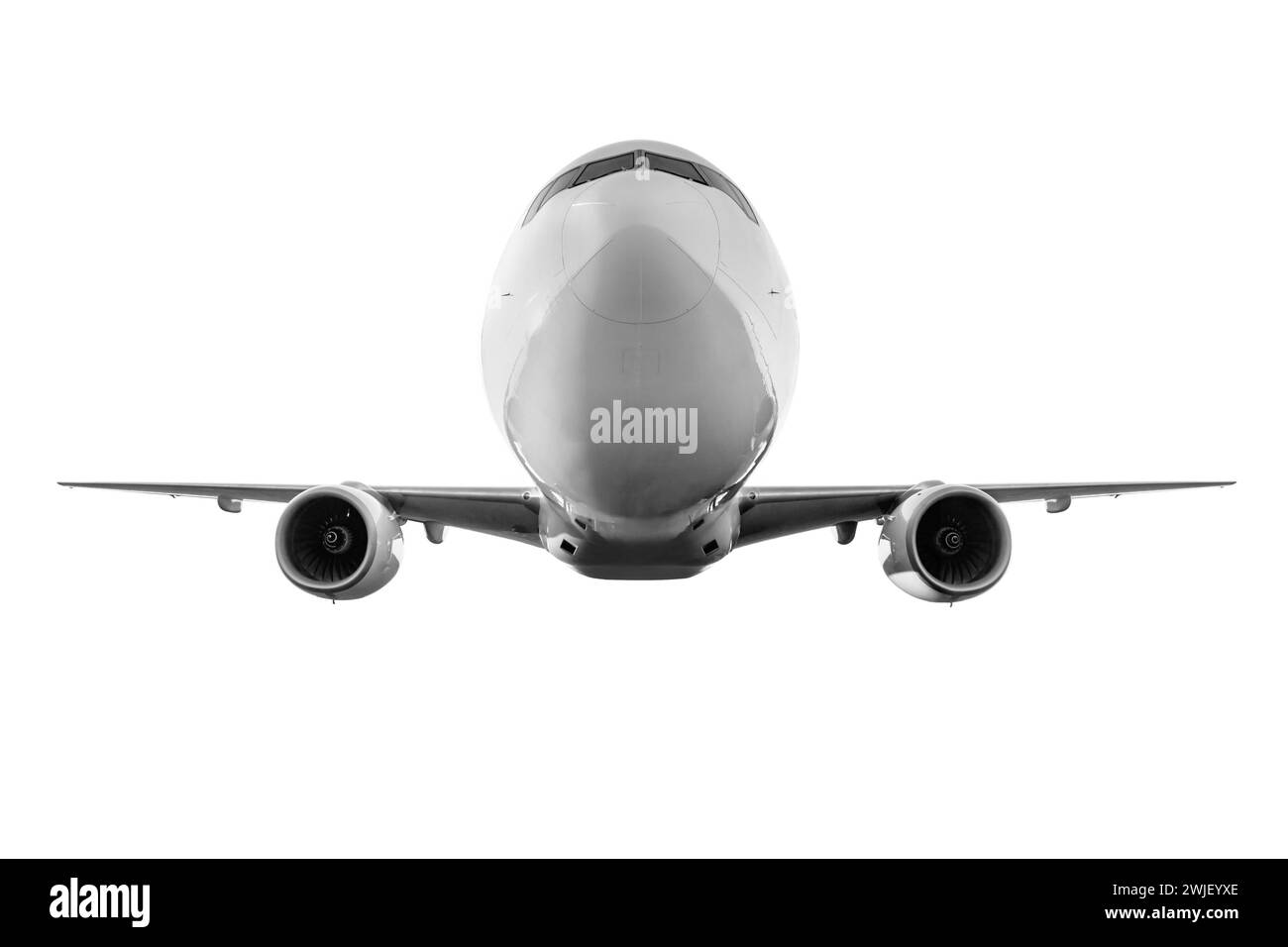 Vorderansicht des breiten Passagierflugzeugs, isoliert auf weißem Hintergrund Stockfoto