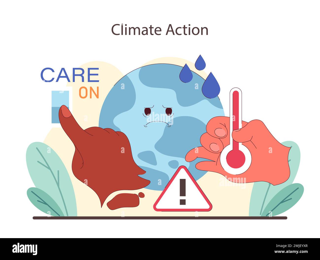 Dringende Klimaschutzmaßnahmen. Mit den Händen wird der globale Thermostat eingestellt, um die Notwendigkeit der Umweltpflege hervorzuheben. Ein Aufruf, das Fieber des Planeten zu mildern. Illustration des flachen Vektors. Stock Vektor