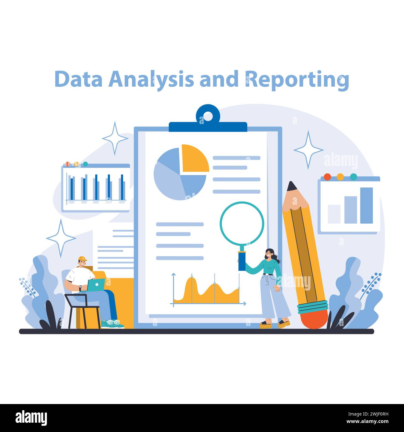 Datenanalyse und Reporting-Konzept. Ein visuelles Narrativ der vertieften Datenprüfung und der Artikulation von Befunden. Betonung der Präzision bei der Dateninterpretation und strategischen Berichterstattung. Stock Vektor