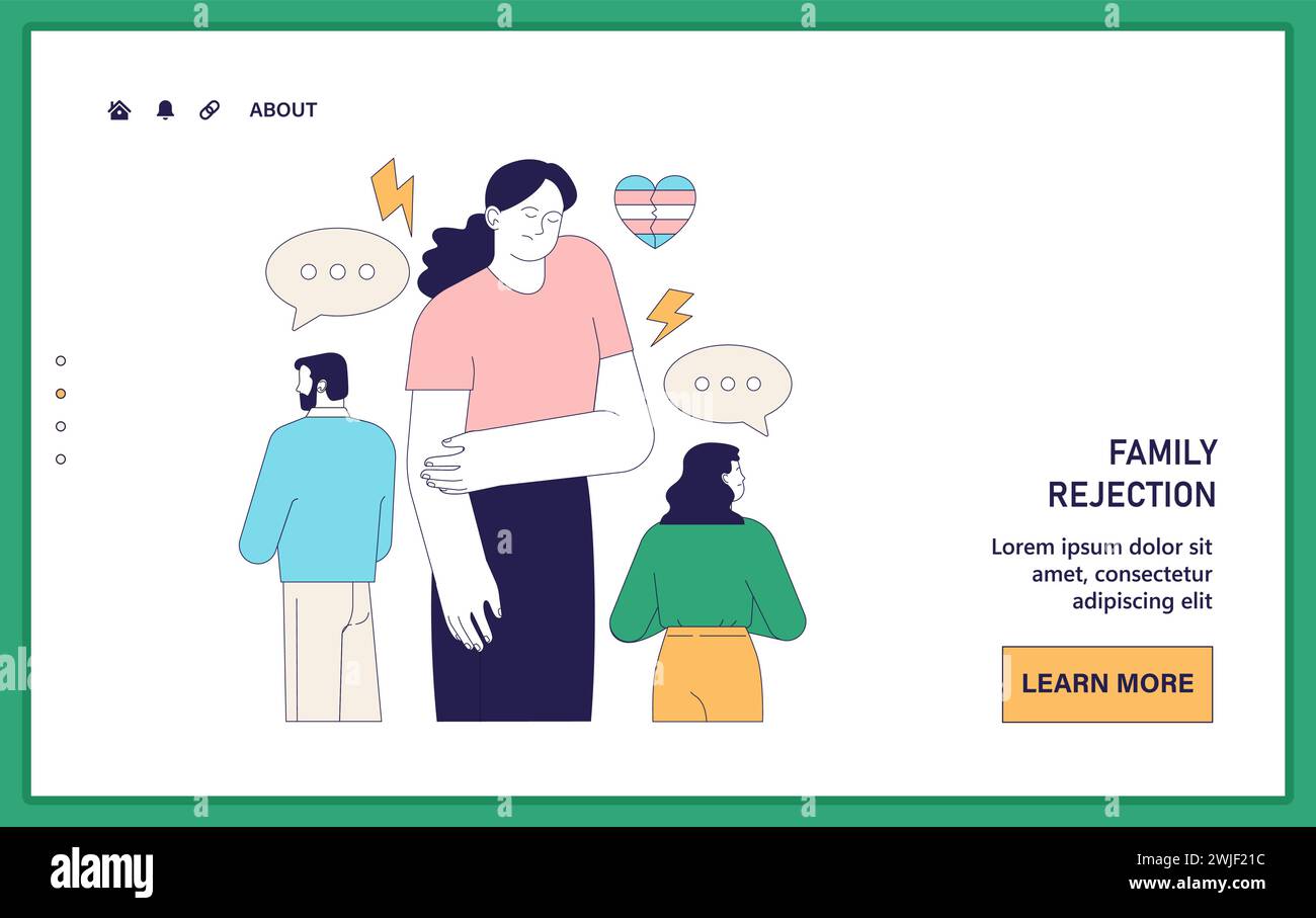 Negativseite des Geschlechterübergangs im Web oder bei Landung. Eine verärgerte Person, die einer harten Vernachlässigung durch die Familie ausgesetzt ist. Transsexuelle mit Transphobie und Isolation. Illustration des flachen Vektors. Stock Vektor