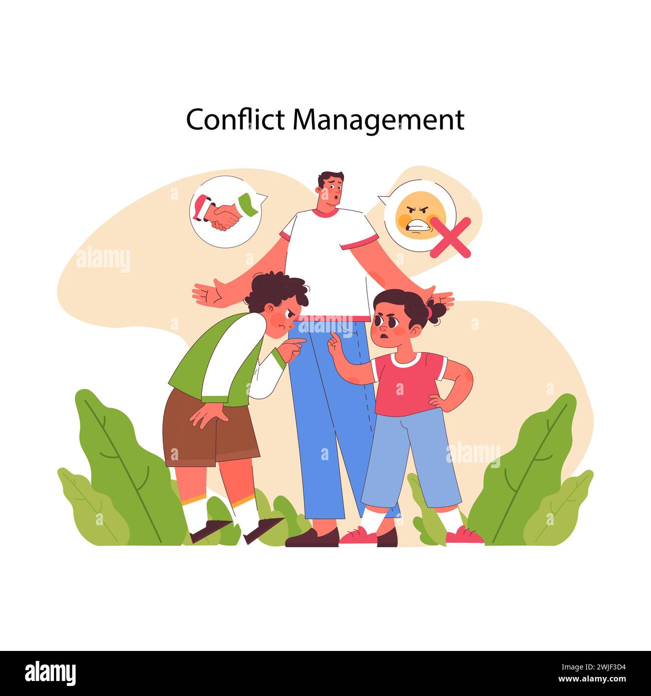 Konfliktmanagement-Konzept. Ein ruhiger Vatervermittler hilft zwei sich widersprechenden Kindern, bittet um Handschlag als Lösung und leugnet aggressives Verhalten. Streben nach Frieden. Illustration des flachen Vektors Stock Vektor