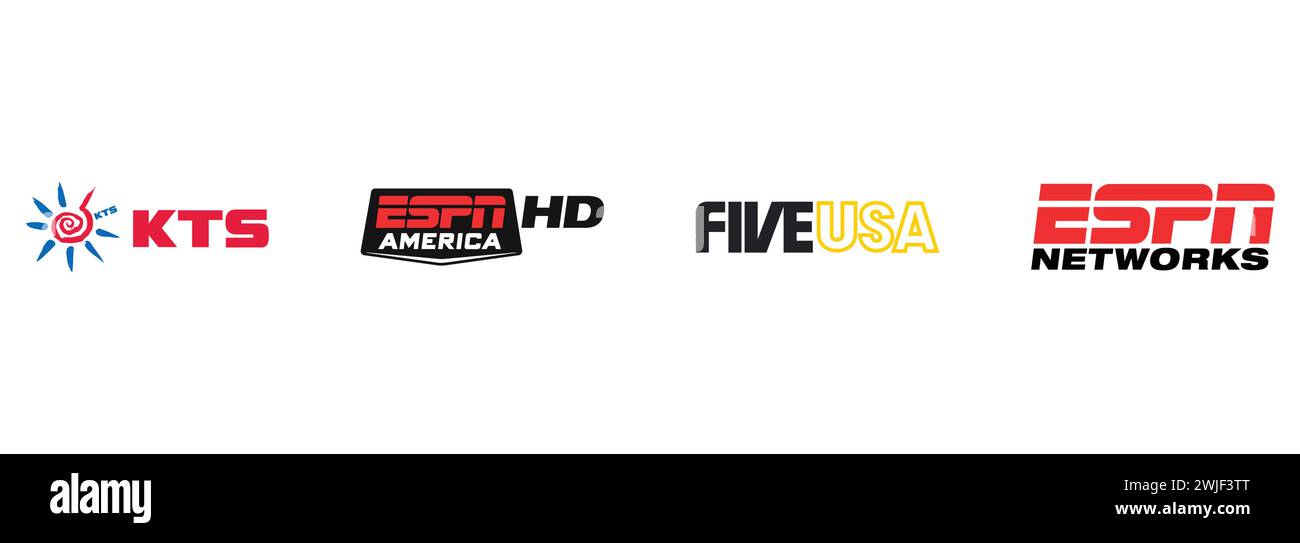 ESPN America HD, Five USA, KTS, ESPN Networks. Redaktionelle Vektor-Logokollektion. Stock Vektor