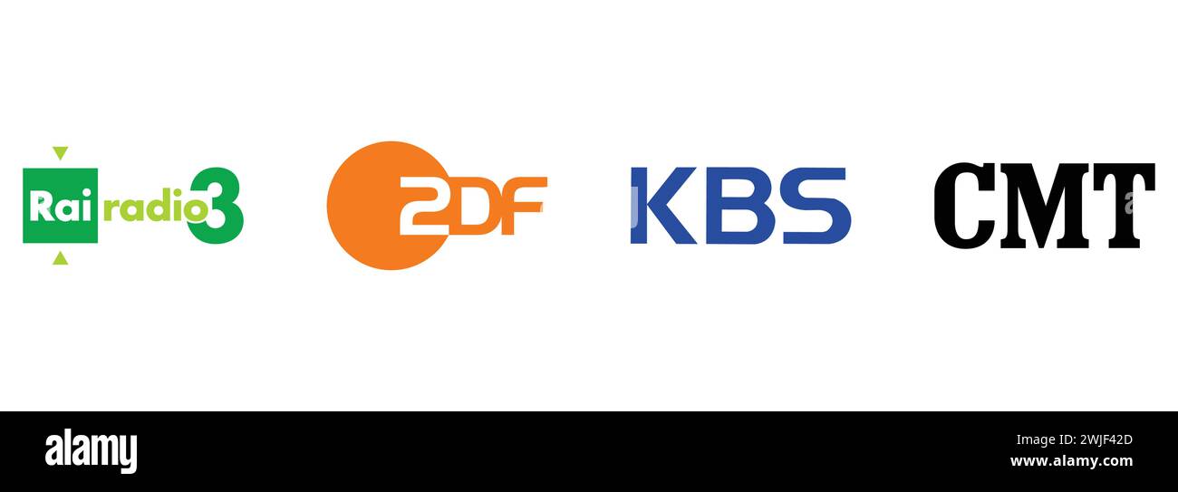 ZDF, CMT, Korean Broadcasting System, Rai Radio 3. Redaktionelle Vektor-Logokollektion. Stock Vektor