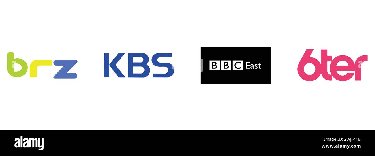 BBC Region East, 6ter, BRZ, Korean Broadcasting System. Redaktionelle Vektor-Logokollektion. Stock Vektor