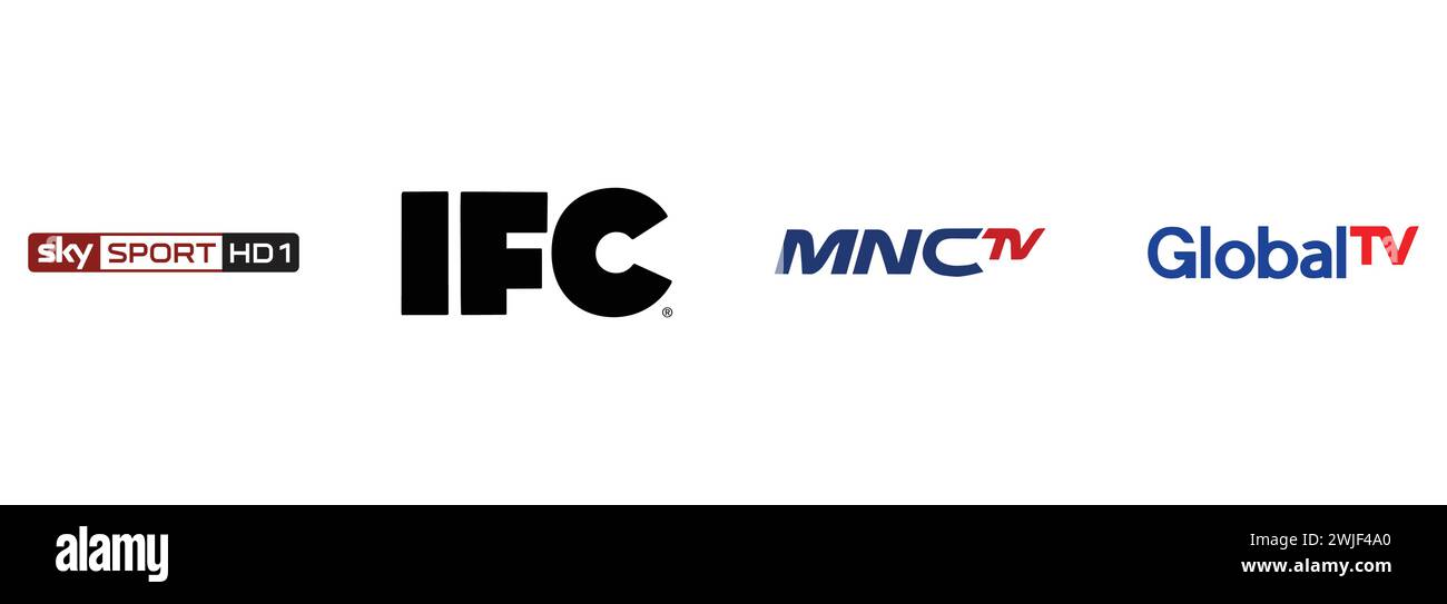 Independent Film Channel IFC, Global TV Indonesia, MNC TV, Sky Sport HD. Redaktionelle Vektor-Logokollektion. Stock Vektor
