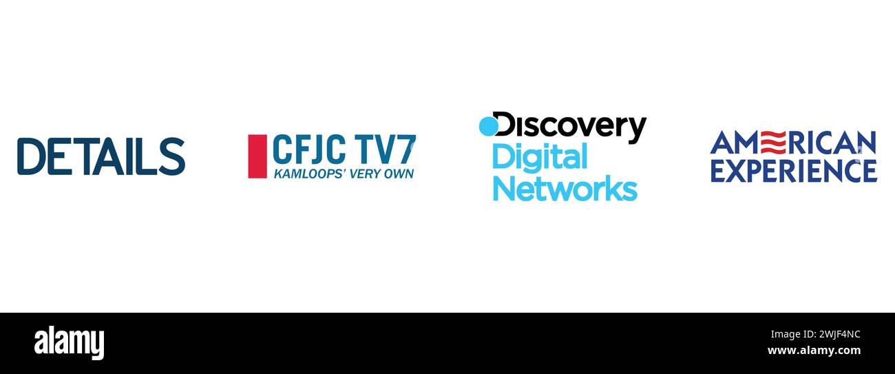 Details Magazine, CFJC TV7, Discovery Digital Networks, American Experience. Redaktionelle Vektor-Logokollektion. Stock Vektor