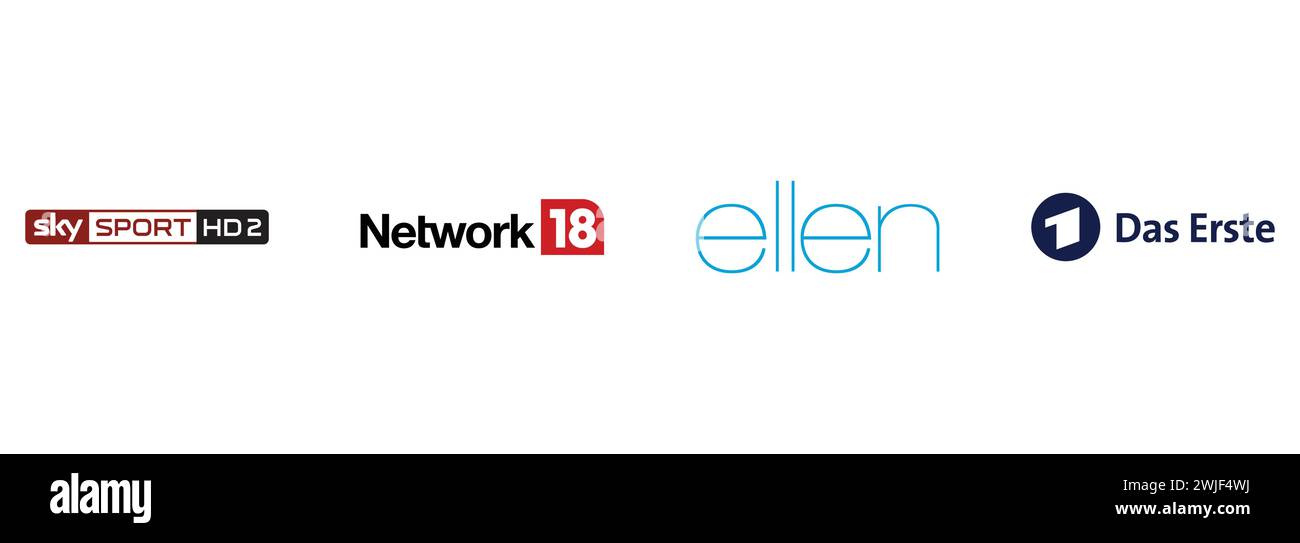 Network 18, Sky Sport HD2, Ellen, das erste. Redaktionelle Vektor-Logokollektion. Stock Vektor