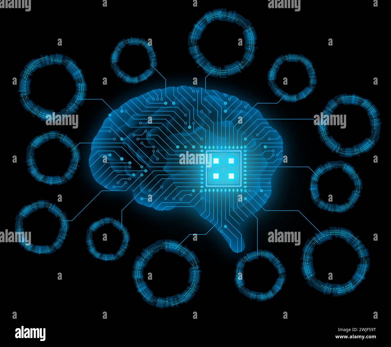Blauer Mikrochip des menschlichen Gehirns im Inneren mit hud-Anzeige als Information über künstliche Intelligenz Stockfoto