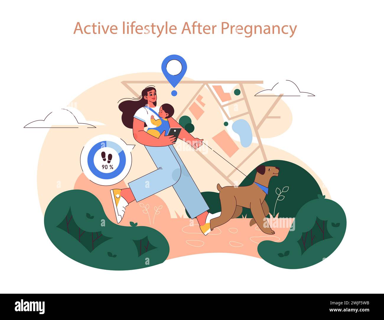 Aktives Lifestyle nach der Schwangerschaft. Eine fröhliche Mutter geht mit ihrem Baby und Hund, kombiniert Bewegung mit Familienzeit in der Nachbarschaft. Stock Vektor