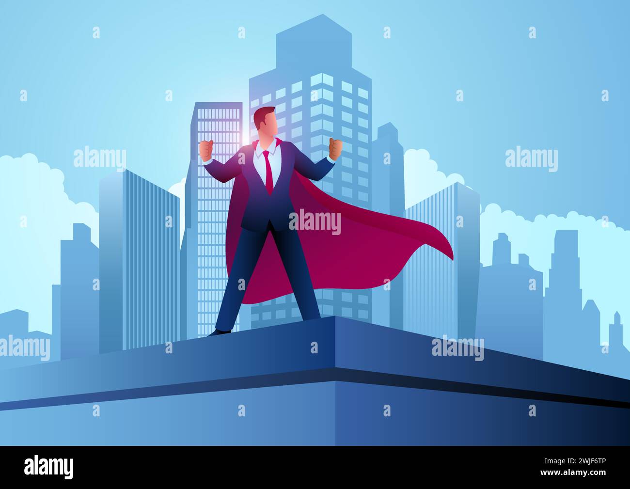 Geschäftsmann als Superheld, der auf einem Gebäude steht, Leistung, Entschlossenheit, Hindernisse überwinden, Vektorillustration Stock Vektor