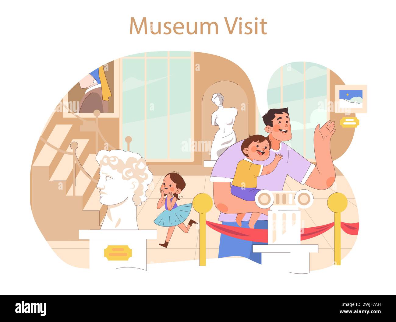 Familienhobbys-Konzept. Bereichern Sie den Museumsbesuch mit der Familie, erkunden Sie Geschichte und Kunst, inspirieren Sie junge Köpfe und Neugier. Stock Vektor