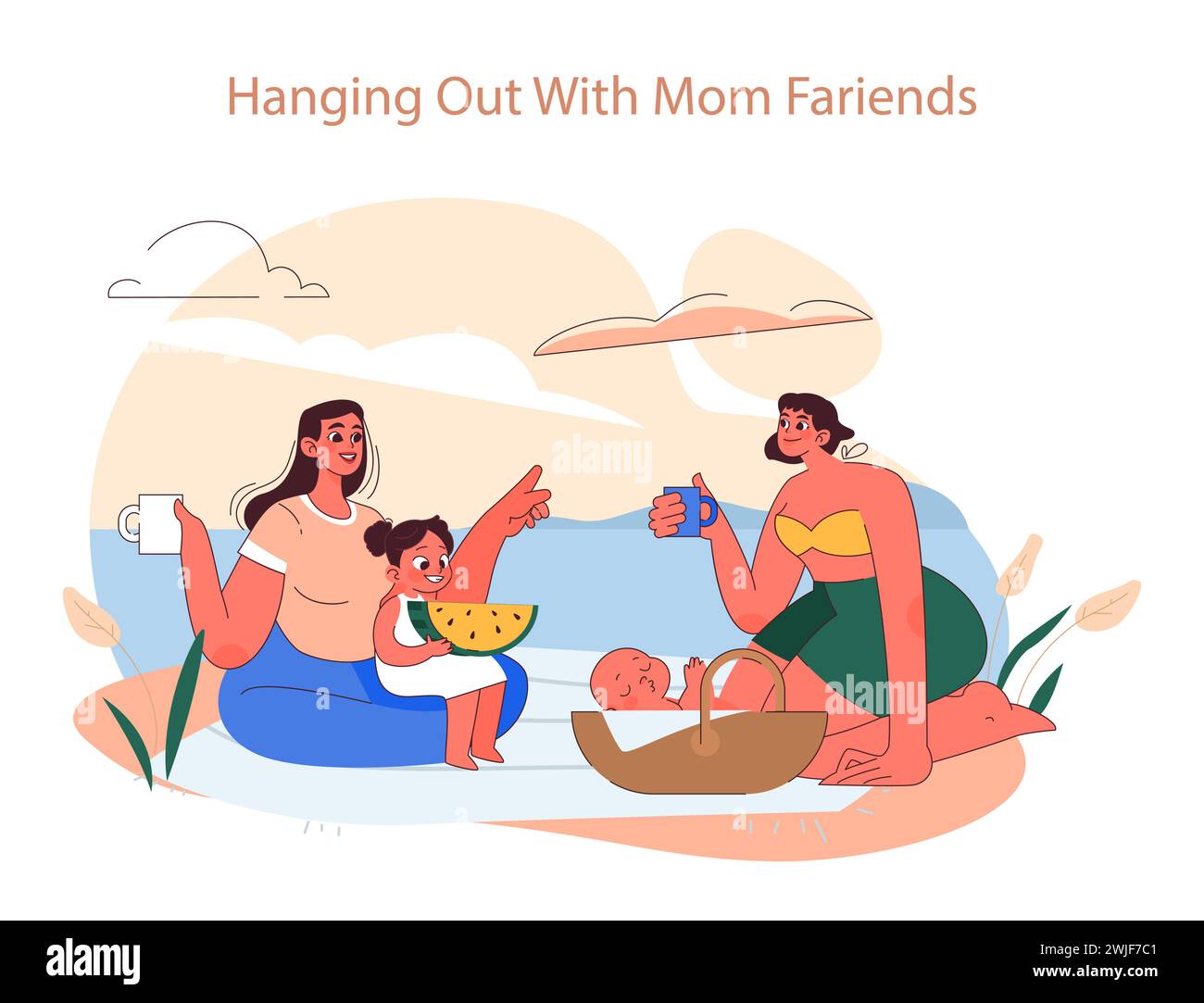Mit Mom Friends abhängen Konzept. Mütter und Babys genießen ein Picknick, fördern die Gemeinschaft und teilen die Freude der Eltern. Stock Vektor