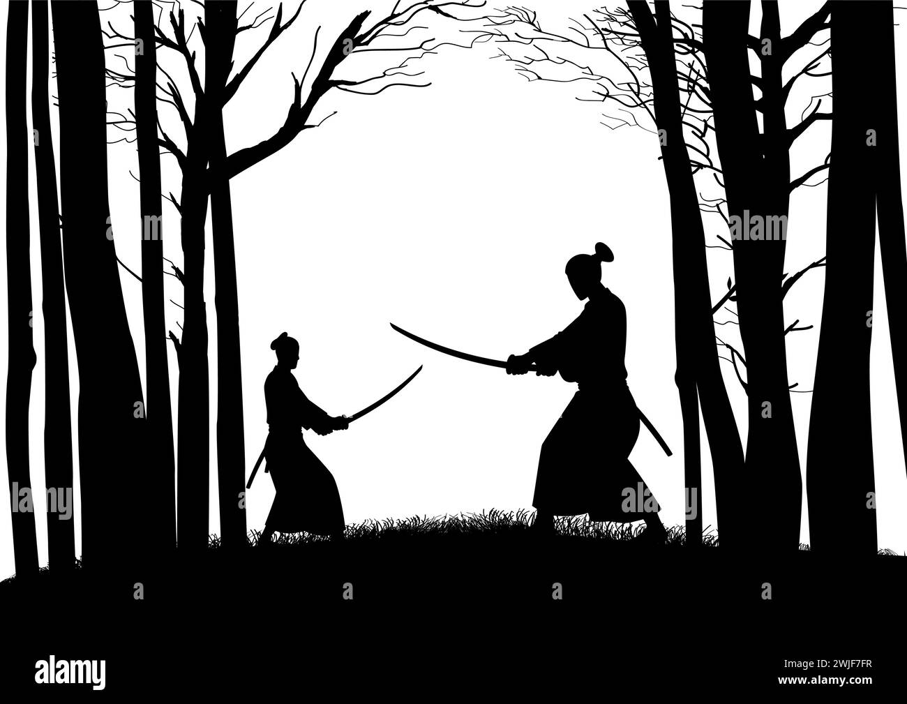 Silhouette von zwei Samurais, die ein Duell im Wald haben, Vektorillustration Stock Vektor