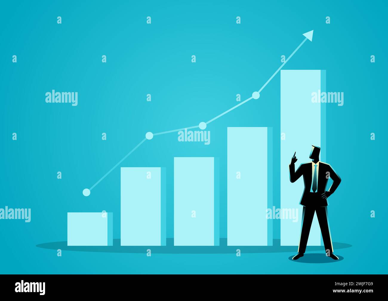 Geschäftskonzept Illustration eines Geschäftsmannes, der mit zunehmendem Diagrammdiagramm im Hintergrund aufzeigt, Geschäftsvision, Optimismus Konzept Stock Vektor