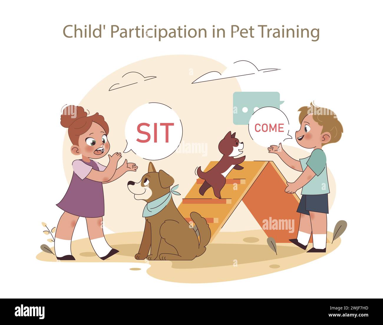 Engagiertes Lernkonzept. Geschwister üben Befehle während des Trainings mit Haustieren aus und betonen ihre aktive Rolle in der Ausbildung des Hundes. Stock Vektor