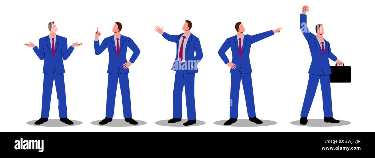 Einfache flache Vektor-Illustration des Geschäftsmannes in verschiedenen Posen, Icon Set Stock Vektor