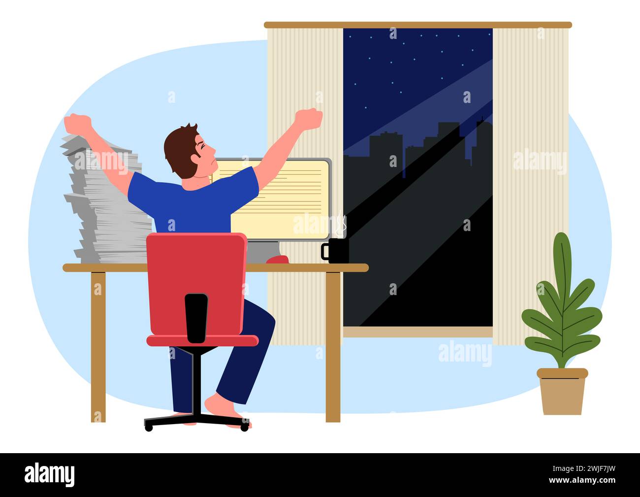Clip-Kunst eines Mannes, der sich dehnt, um Spannung zu lösen, während er spät in seiner Wohnung um Mitternacht arbeitete, Vektorillustration Stock Vektor