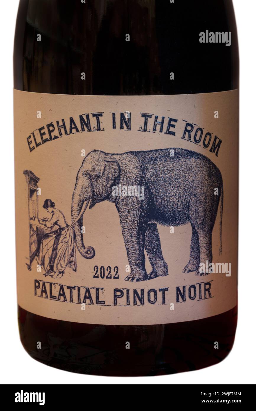 Etikett auf Elephant in the Room Palatial Pinot Noir 2022 Flasche Rotwein - Produkt aus Australien, Australien Stockfoto