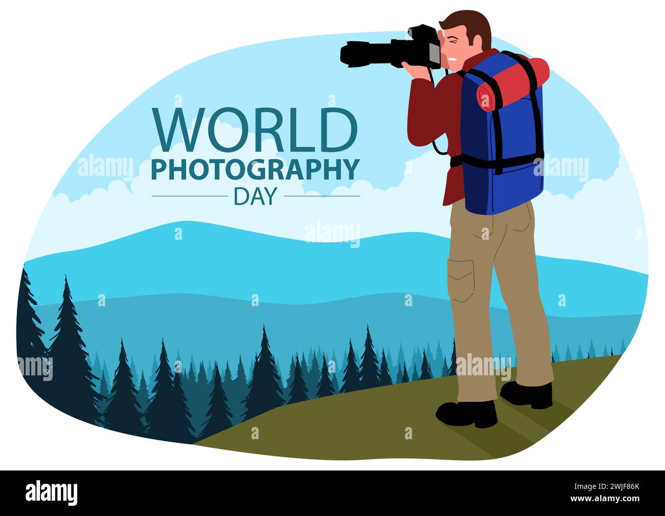 Clip Art des Fotografen mit Teleskoplinse nimmt ein Foto von einer schönen Berglandschaft, World Photography Day Vektor Illustration Stock Vektor
