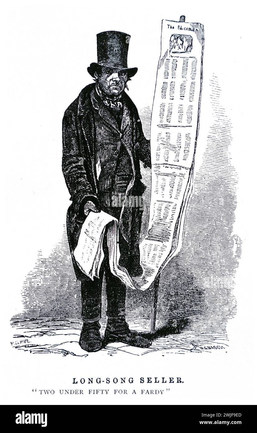 Gravur eines „Long Song Seller“ von London aus Henry Mayhews Buch „Labour and the London Poor“, Band 1, veröffentlicht 1861. Black and White Illustration from the Connoisseur, an Illustrated Magazine for Collectors Vol 3 (Mai-August 1902), veröffentlicht in London. Mayhew beschrieb die Verkäufer so: " Die Long-Song-Verkäufer waren nicht auf Pattern angewiesen -- obwohl einige von ihnen ein wenig pummelten -- um Kunden anzulocken, aber auf der wahren Billigkeit und der neuartigen Form, in der sie populäre Lieder verkauften, gedruckt auf Papier eher breiter als diese Seite, „drei Lieder abreast“, und die Zeitung war über ein Ya Stockfoto